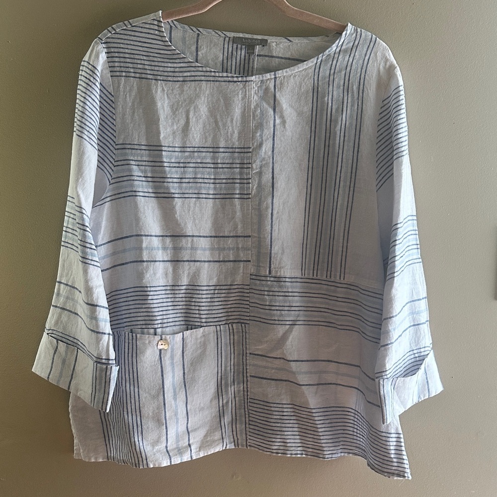 Habitat Linen Blend Blue White Striped‎ Oversized Top | Small